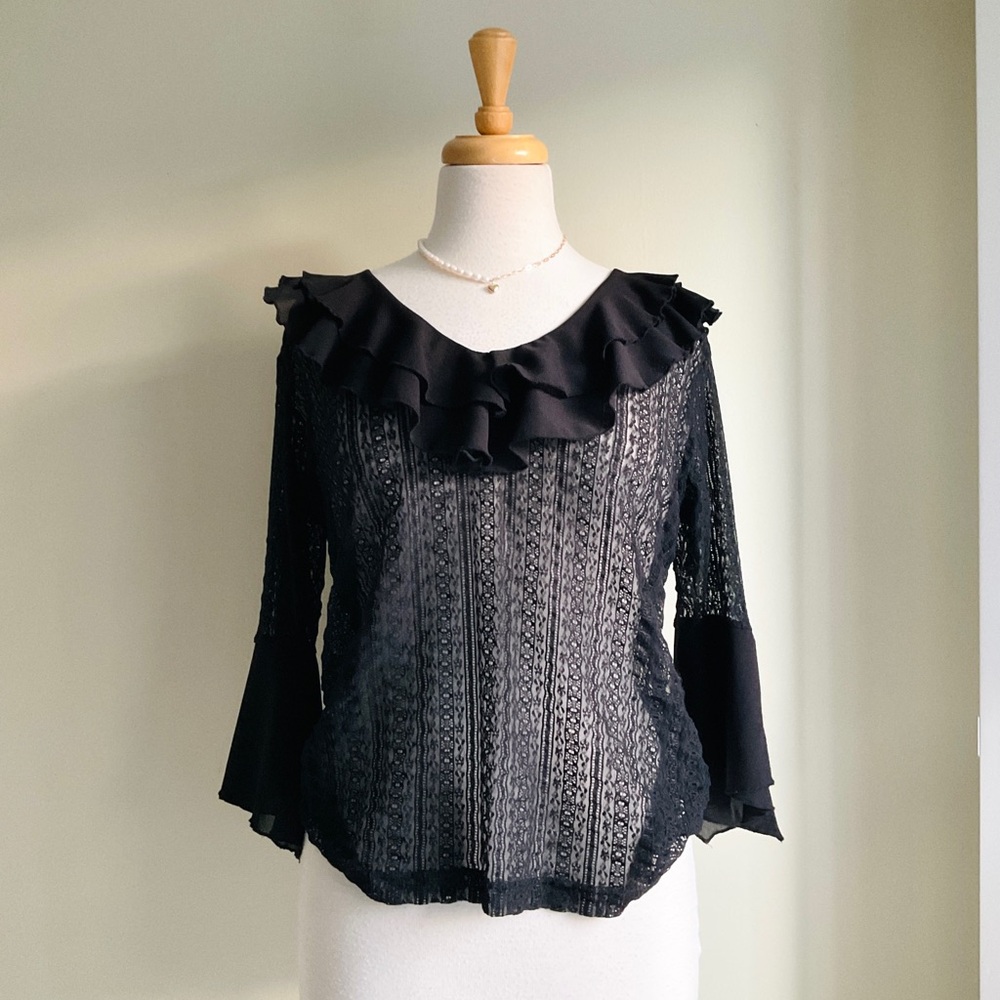 Black Lace Ruffle-Neck Blouse with Flared Sleeves